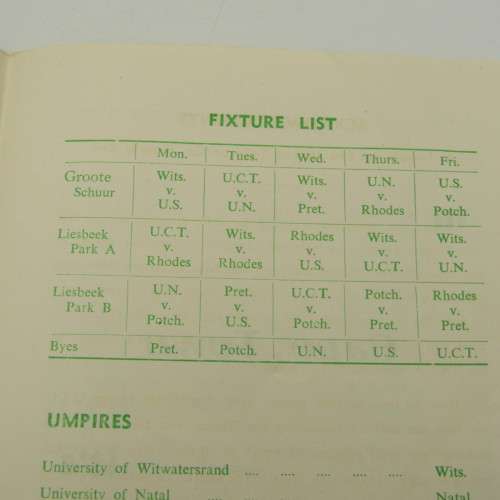 SA Universities Cricket tournament programme 1952 with list of teams and players