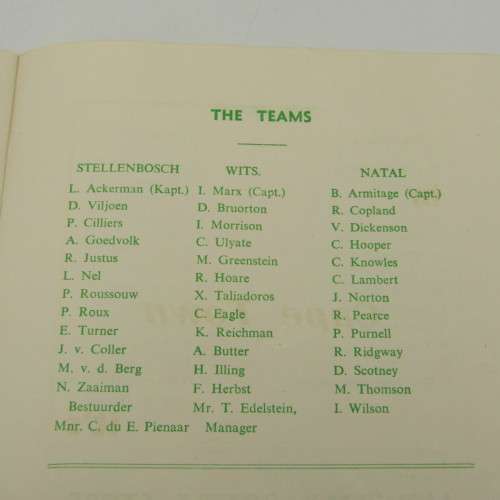SA Universities Cricket tournament programme 1952 with list of teams and players
