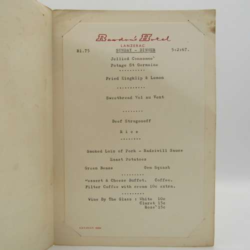 Lanzerac Raadon`s Hotel Spyskaart 1967 - 3 gang maaltyd Spyskaart R1-75 Koffie 10 c ekstra