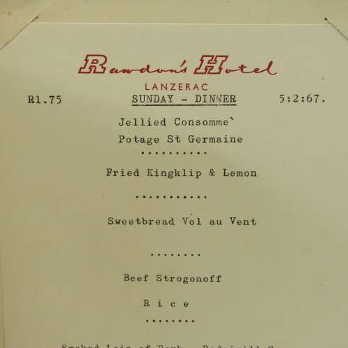 Lanzerac Raadon`s Hotel Spyskaart 1967 - 3 gang maaltyd Spyskaart R1-75 Koffie 10 c ekstra
