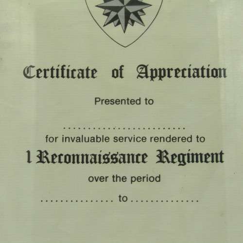 SADF 1 Reconnaissance regiment certificate - unused