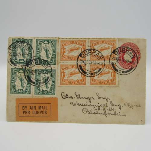 SACC 40 & 41 2nd Airmail issue 2 blocks of 4 on First day flown cover Durban to Bloemfontein