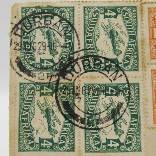 SACC 40 & 41 2nd Airmail issue 2 blocks of 4 on First day flown cover Durban to Bloemfontein