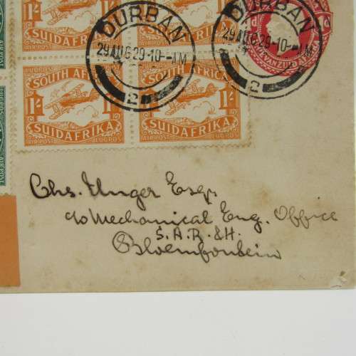 SACC 40 & 41 2nd Airmail issue 2 blocks of 4 on First day flown cover Durban to Bloemfontein