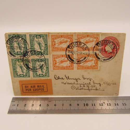SACC 40 & 41 2nd Airmail issue 2 blocks of 4 on First day flown cover Durban to Bloemfontein