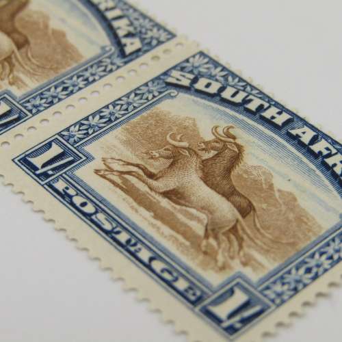 South Africa 1927 London pictorial 1 shilling pair unhinged mint - dot in A of SUIDAFRIKA