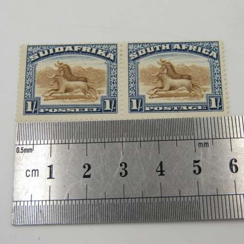 South Africa 1927 London pictorial 1 shilling pair unhinged mint - dot in A of SUIDAFRIKA