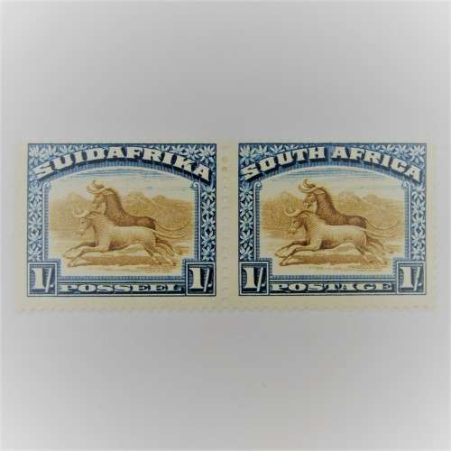 South Africa 1927 London pictorial 1 shilling pair unhinged mint - dot in A of SUIDAFRIKA