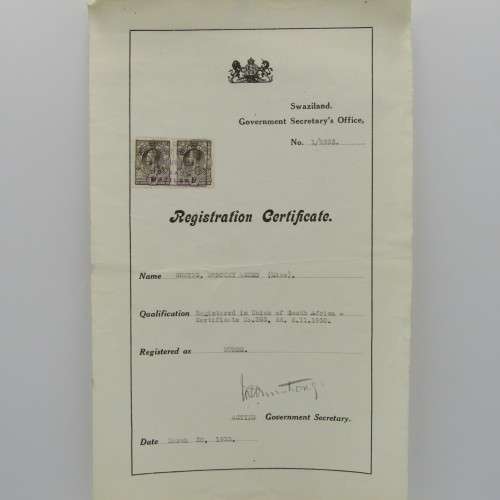 Swaziland Registration certificate for Nurse Miss Dorothy Agnes Goring - 30 March 1933