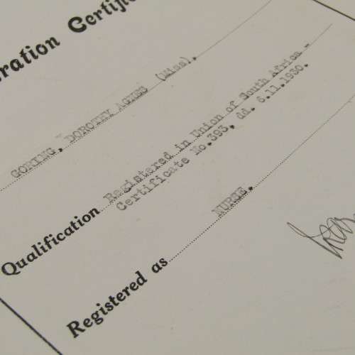 Swaziland Registration certificate for Nurse Miss Dorothy Agnes Goring - 30 March 1933