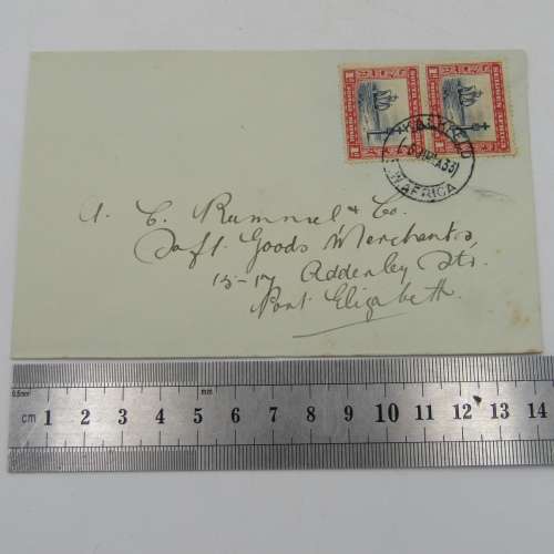 Letter sent from SWA-Kalkfeld to Port Elizabeth with pair of SWA stamps cancelled 1933