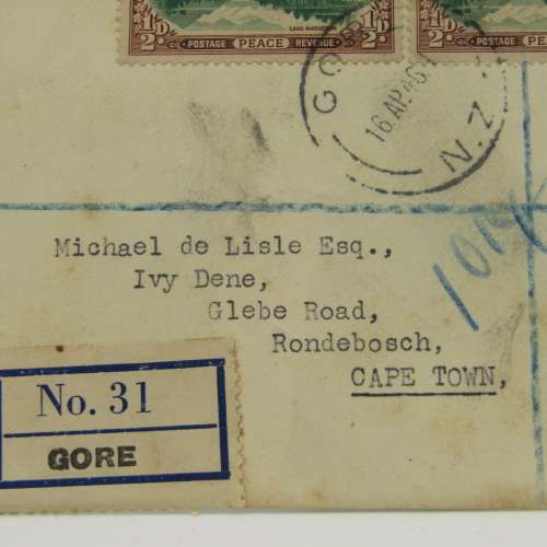 Registered Letter sent from Gore New Zealand to Rondebosch , South Africa