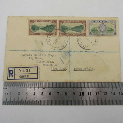 Registered Letter sent from Gore New Zealand to Rondebosch , South Africa