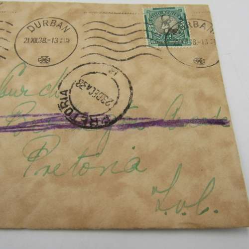 Letter sent from Durban to Pretoria - redirected to Salisbury House - with 1/2 cent stamp