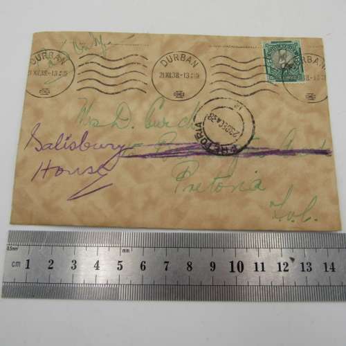 Letter sent from Durban to Pretoria - redirected to Salisbury House - with 1/2 cent stamp