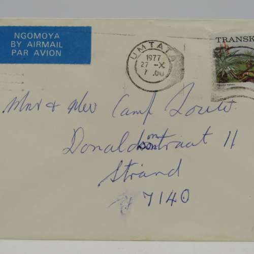 Letter sent from Umtata, Transkei to Strand , South Africa with 4c Transkei stamp cancelled