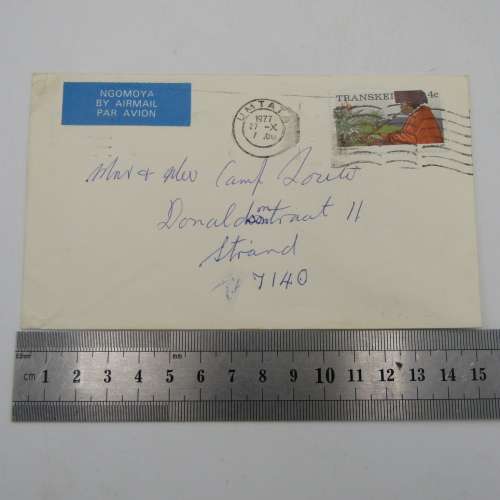 Letter sent from Umtata, Transkei to Strand , South Africa with 4c Transkei stamp cancelled