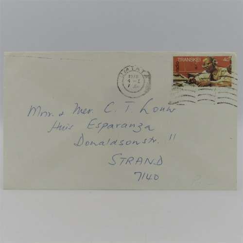 Letter sent from Umtata, Transkei to Strand , South Africa with 4c Transkei stamp cancelled