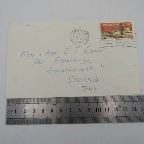 Letter sent from Umtata, Transkei to Strand , South Africa with 4c Transkei stamp cancelled