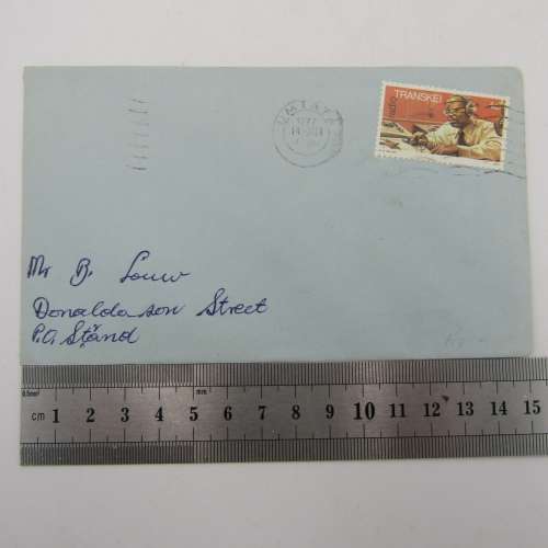 Letter sent from Umtata, Transkei to Strand, South Africa with 4c Transkei stamp cancelled