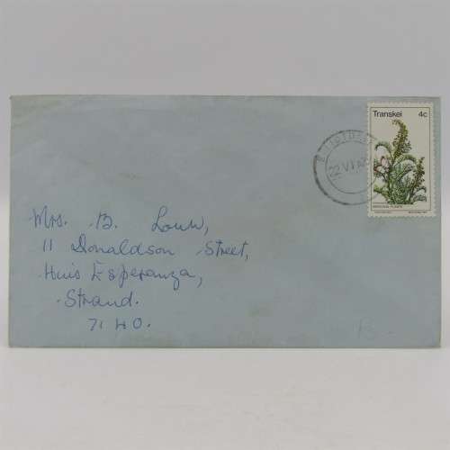 Letter sent from Elliotdale, Transkei to Strand, South Africa with 4c Transkei stamp cancelled