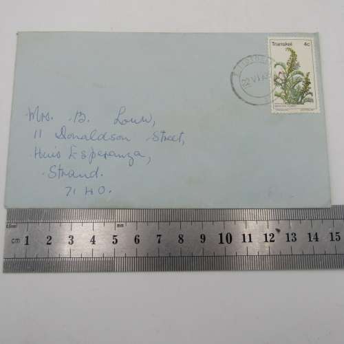 Letter sent from Elliotdale, Transkei to Strand, South Africa with 4c Transkei stamp cancelled