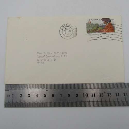 Letter sent from Umtata, Transkei to Strand, South Africa with Transkei 4c stamp cancelled