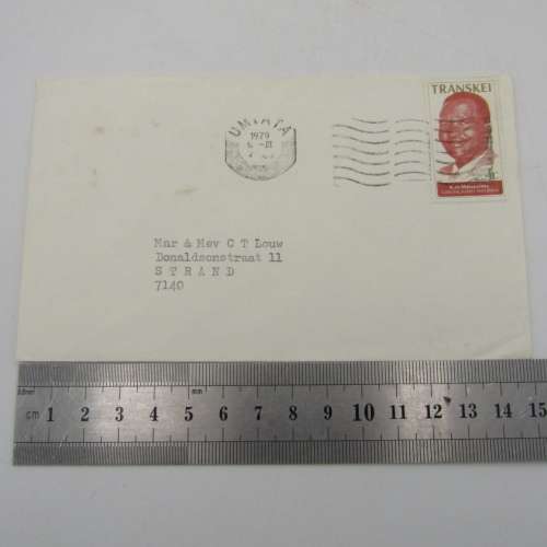 Letter sent from Umtata, Transkei to Strand, South Africa with Transkei stamp cancelled