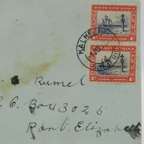 Letter sent from Kalkfeld , SWA to Port Elizabeth , South Africa with pair of SWA 1d stamps