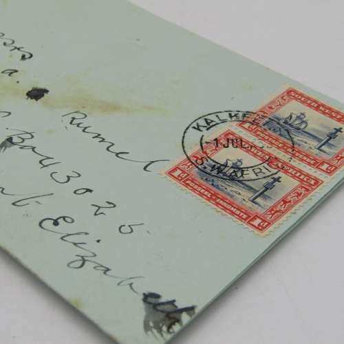 Letter sent from Kalkfeld , SWA to Port Elizabeth , South Africa with pair of SWA 1d stamps