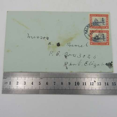 Letter sent from Kalkfeld , SWA to Port Elizabeth , South Africa with pair of SWA 1d stamps