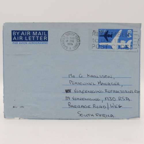 Air Letter sent from Barnsley South Yorkshire to Vereeniging , South Africa