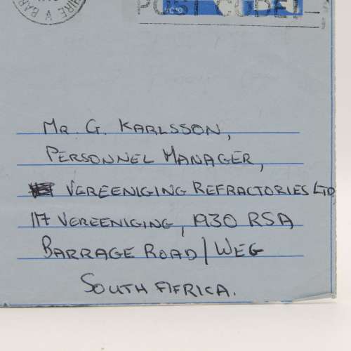 Air Letter sent from Barnsley South Yorkshire to Vereeniging , South Africa