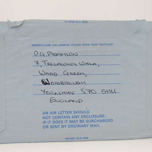Air Letter sent from Barnsley South Yorkshire to Vereeniging , South Africa