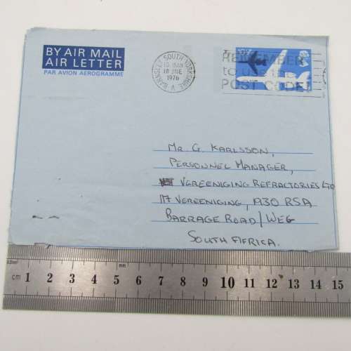 Air Letter sent from Barnsley South Yorkshire to Vereeniging , South Africa