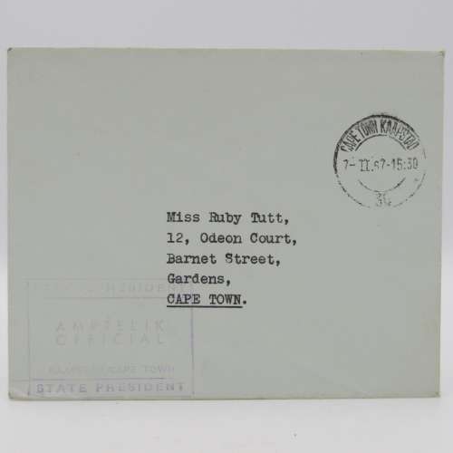 Official State President Stationery used from Cape Town to Gardens 7 Feb 1967