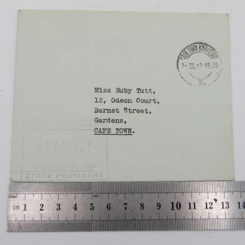 Official State President Stationery used from Cape Town to Gardens 7 Feb 1967