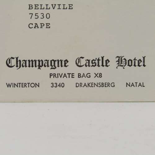 Letter sent on Champagne Castle Hotel Stationery cancelled Winterton and sent to Bellville