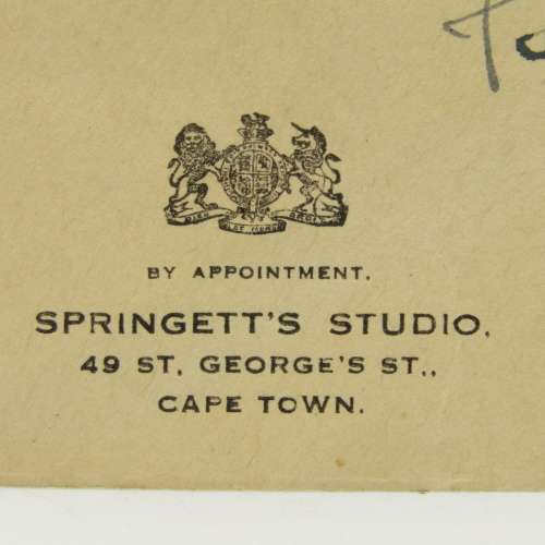Letter sent from Cape Town to Strand on Springett`s studio stationery with 2 war stamps