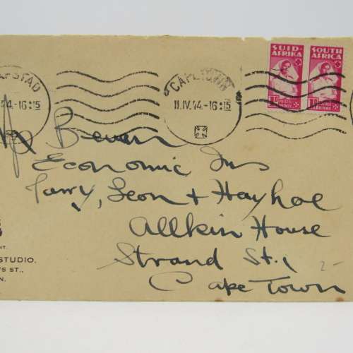Letter sent from Cape Town to Strand on Springett`s studio stationery with 2 war stamps