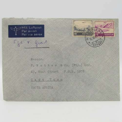 Airmail letter sent from Niederlenz, Switzerland to Cape Town, South Africa with 2 Swiss stamps