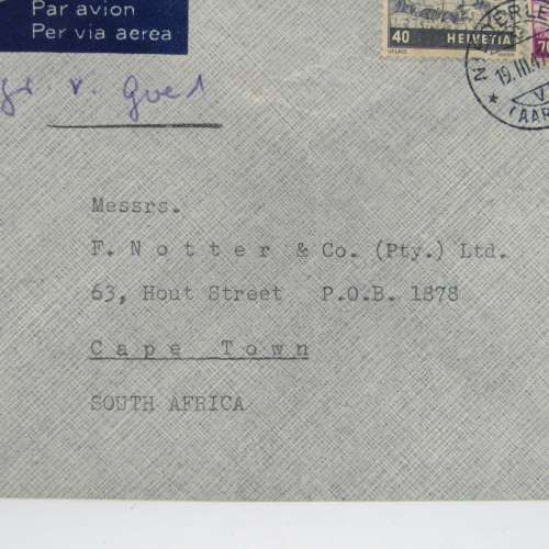 Airmail letter sent from Niederlenz, Switzerland to Cape Town, South Africa with 2 Swiss stamps
