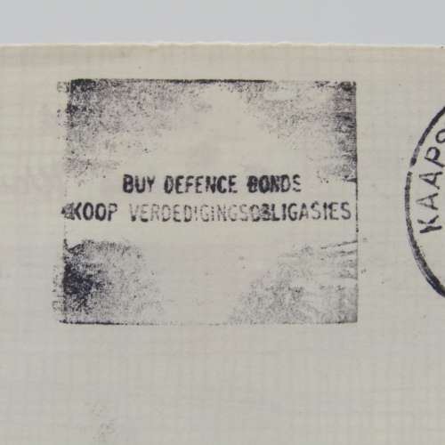 Letter sent to Bellville from Cape Town with Buy Defense Bonds cancellation