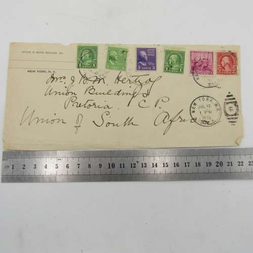 Front of letter adressed to JBM Hertzog sent from New York to Pretoria with 6 USA stamps cancelled