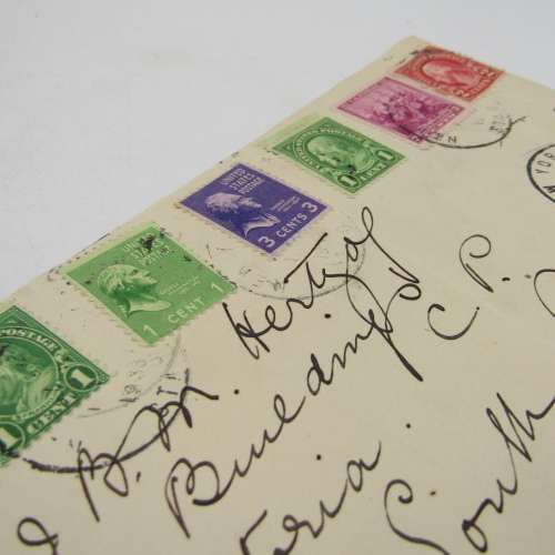 Front of letter adressed to JBM Hertzog sent from New York to Pretoria with 6 USA stamps cancelled