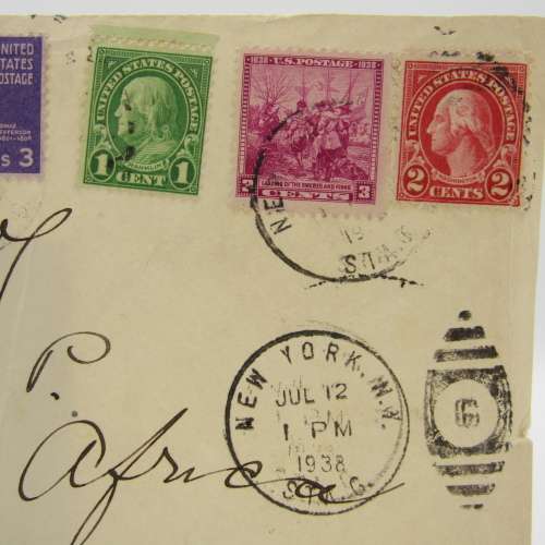 Front of letter adressed to JBM Hertzog sent from New York to Pretoria with 6 USA stamps cancelled