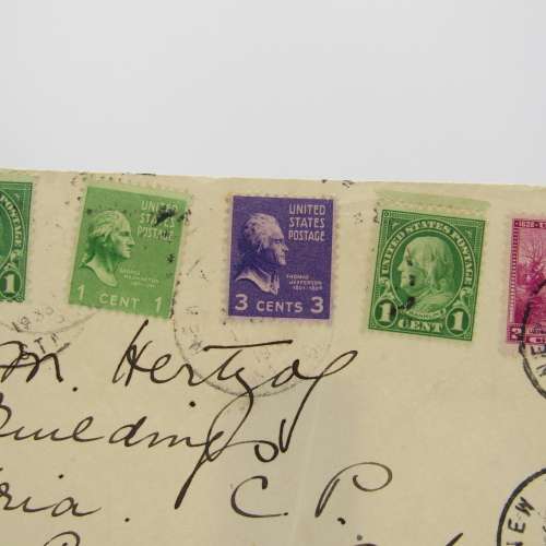 Front of letter adressed to JBM Hertzog sent from New York to Pretoria with 6 USA stamps cancelled