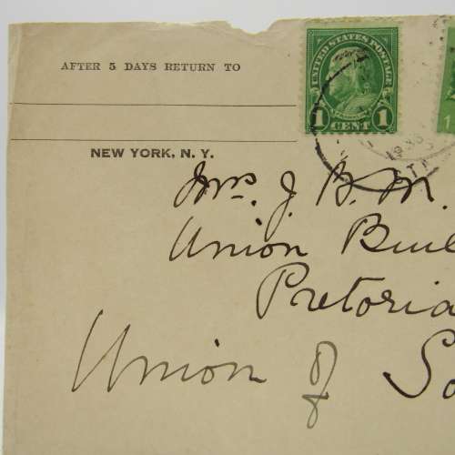 Front of letter adressed to JBM Hertzog sent from New York to Pretoria with 6 USA stamps cancelled