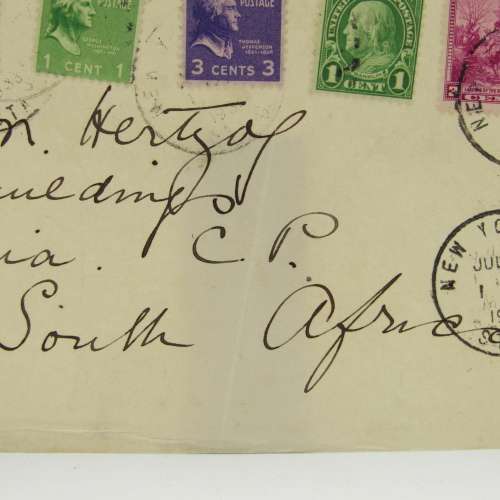 Front of letter adressed to JBM Hertzog sent from New York to Pretoria with 6 USA stamps cancelled