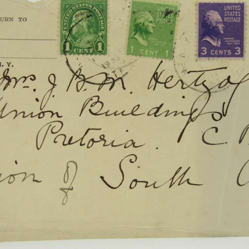Front of letter adressed to JBM Hertzog sent from New York to Pretoria with 6 USA stamps cancelled